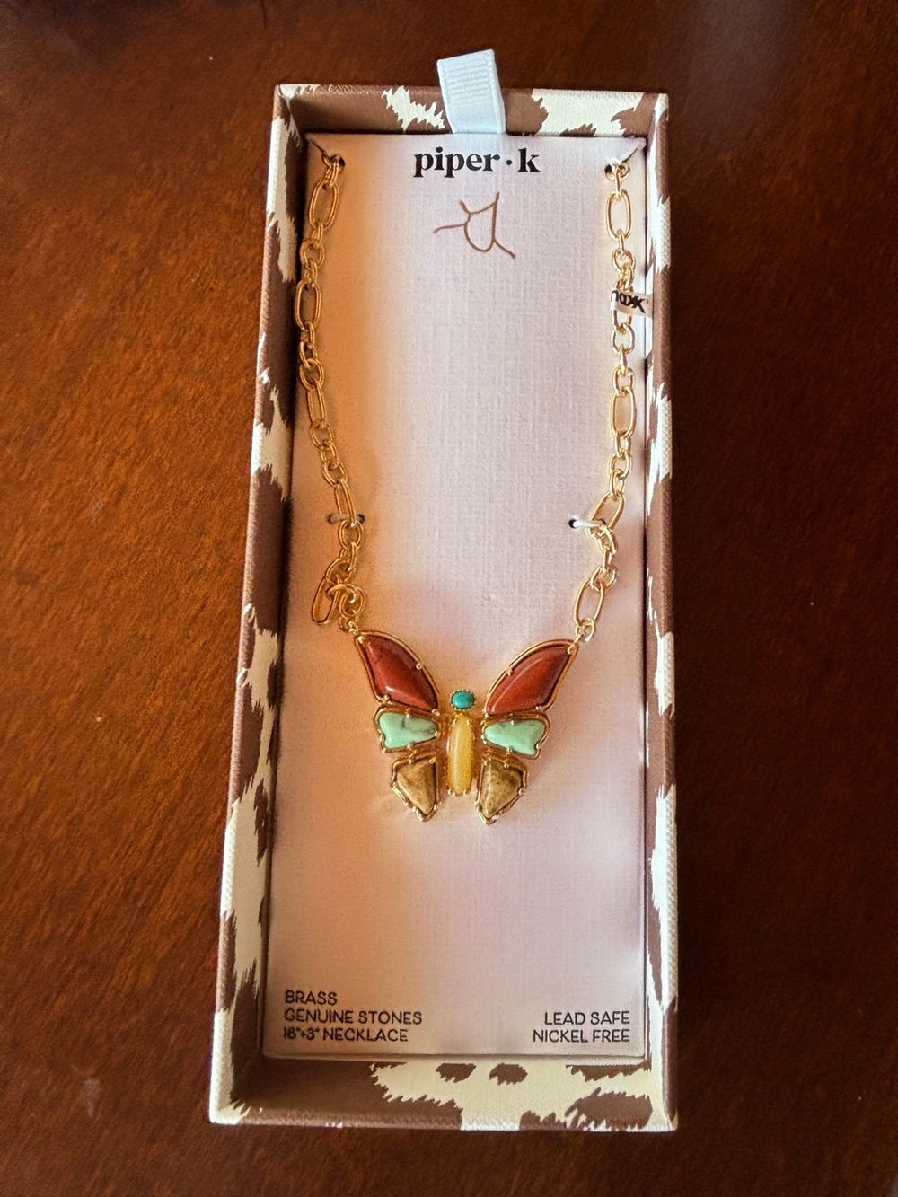 NIB Gold Boho Butterfly Pendant Necklace with Coral, Turquoise and Cream Stones
